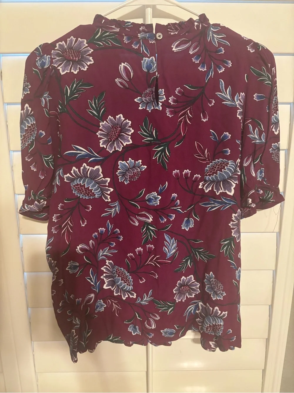 LOFT Plum Floral Ruffle-Neck Blouse